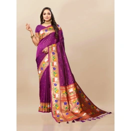 YNF Soft Paithani Silk Saree with Zari and Meenakari Weaving, Contrast Border, and Tassels