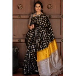 Esign Black Lichi Silk Saree with Golden & Silver Jari, Jaquard Checks & Rich Pallu