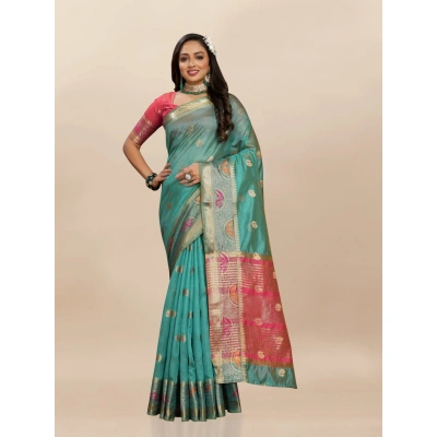 YNF Soft Organza Silk Saree with Meenakari Weaving, Zari Pallu, and Silk Blouse Piece