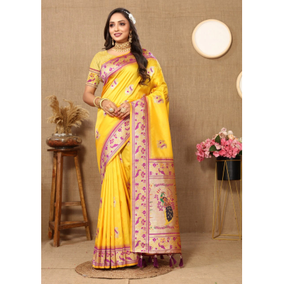 YNF Soft Paithani Silk Saree with Meenakari Design, Zari Border & Silk Blouse Piece