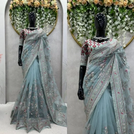 YNF Designer Organza Silk Saree with Thread & Sequin Work and Satin Silk Blouse (Un-Stitched)