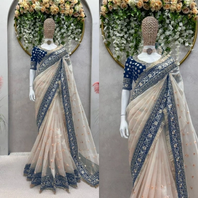 Designer Silk Saree with Thread & Sequin Work and Mono Bengal Silk Blouse - Elegant Ethnic Wear