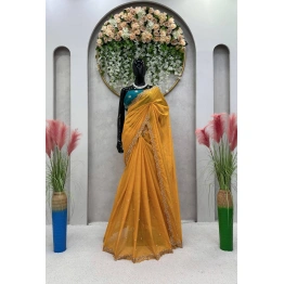 Beautiful Designer Tibby Silk Saree with Thred & Moti Work and Mono Benglori Silk Blouse