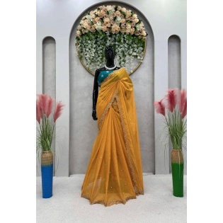 Beautiful Designer Tibby Silk Saree with Thred & Moti Work and Mono Benglori Silk Blouse