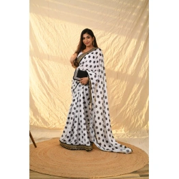 Satin Georgette Saree: All-Over Dot Print with Sequin Border & Silk Blended White Blouse