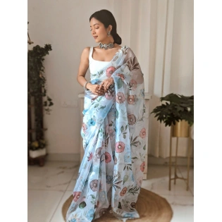 Organza Saree: Cut Work, Digital Print, Hand Work - White