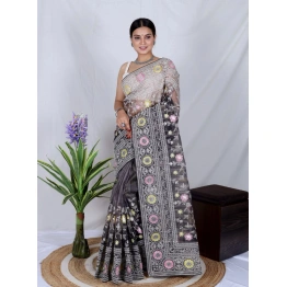 YNF Organza Saree: Cut Work, Digital Print, Hand Work - White