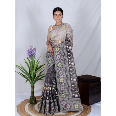 YNF Organza Saree: Cut Work, Digital Print, Hand Work - White