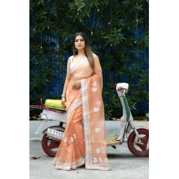 Organza Saree with Piping Border and Embroidery - Satin Blouse Included