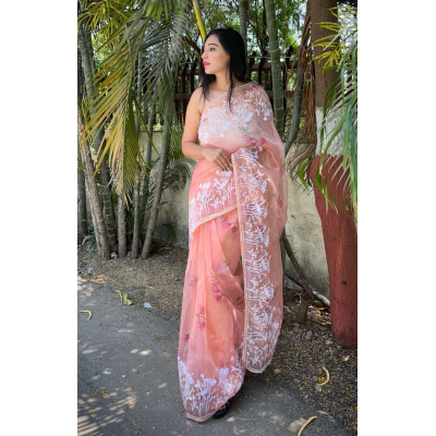 YNF Organza Saree with Embroidery and Piping Details