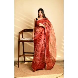 Kashmiri Thread Work Organza Saree with Satin Blouse