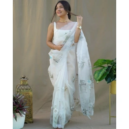 Organza Saree with Cut Work, Digital Print, Foil & Hand Printed Blouse (White)