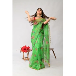 Stunning Handcrafted Organza Saree with Digital Print and Khatli Work