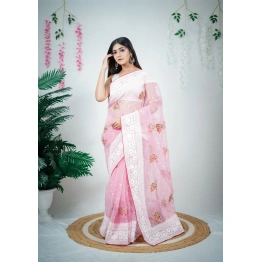 Organza Flower Embroidered Saree with Lace Border