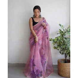 Digital Print Organza Saree with Handcrafted Beads and Lace Border