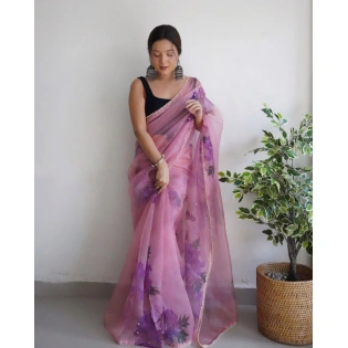 Digital Print Organza Saree with Handcrafted Beads and Lace Border