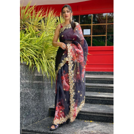 YNF Organza Saree with Embroidery, Cut Work, and Digital Print - Maroon