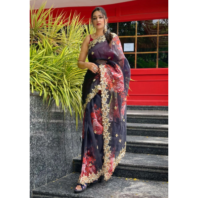 YNF Organza Saree with Embroidery, Cut Work, and Digital Print - Maroon