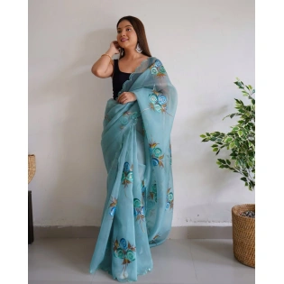 Handcrafted Organza Saree with Foil and Cut Work Details