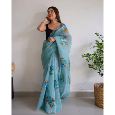 YNF Handcrafted Organza Saree with Foil and Cut Work Details