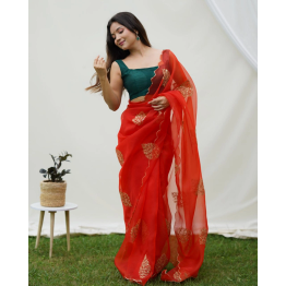 YNF Organza Sequin-Embroidered Saree with Arco Border