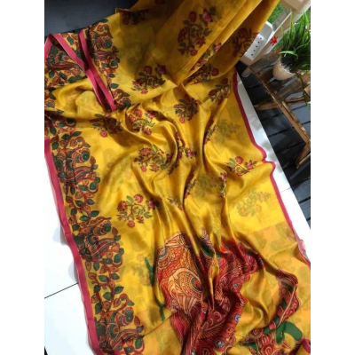 YNF Fancy Tasseled Linen Saree with Kalamkari Print