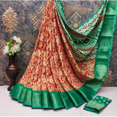 DOLA Dark Flower Print Silk Saree with Contrasting Weaving Borders