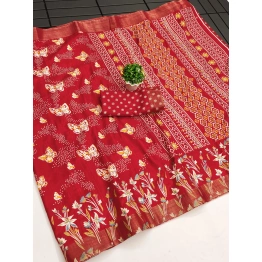 Butterfly Print Tussar Silk Saree with Zari Border & Printed Blouse