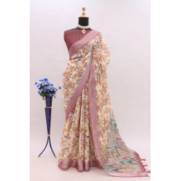 YNF Digital Printed Heavy Linen Cotton Saree with Contrast Blouse