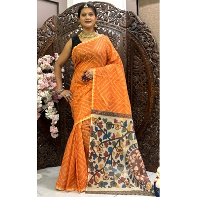 Linen Silk Cotton Saree: Bandhej Print with Kalamkari Pallu & Blouse