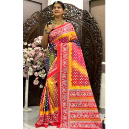 YNF Premium Maslin Silk Bandhej Patola Digital Print Saree with Multicolor Print