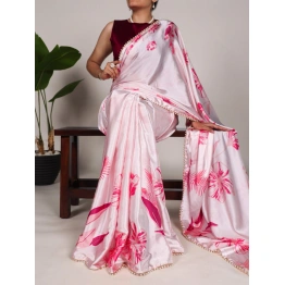 Floral Print Satin Silk Saree with Pearl Lace Border - Lightweight and Elegant