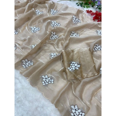 YNF Milky White Sequin and Thread Work Saree with Cutwork Border