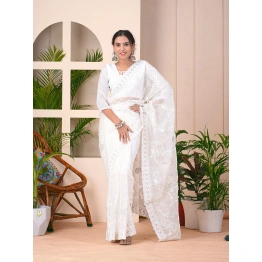 YNF Off-white Silk Organza Saree with Embroidery and Diamonds