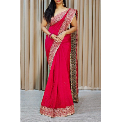 YNF Soft Vichitra Saree: Beautiful Embroidery, Zari & Siroski Work. Blouse Included