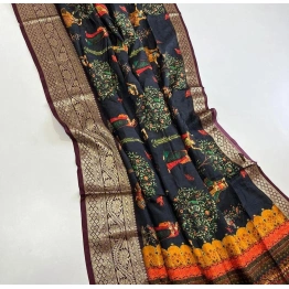 YNF Exquisite Pichwai Kalamkari Silk Saree with Viscose Border