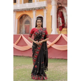 Black Vichitra Silk Saree with Kachhi Embroidery and Mirror Work