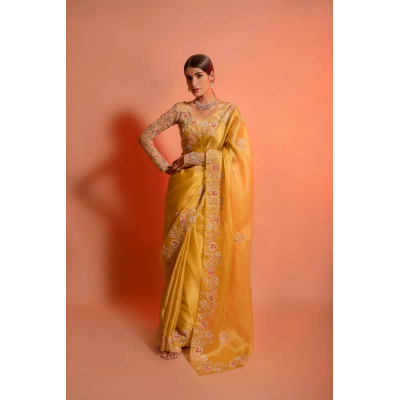 YNF Yellow Organza Saree with Heavy Embroidery - Elegant and Stylish