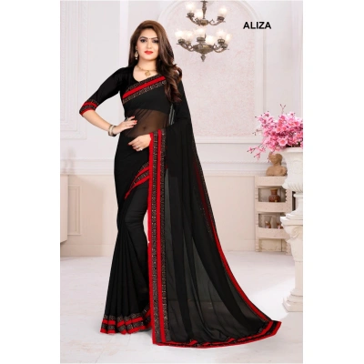 Pure Georgette Saree with Hot Fix Diamond Border & Designer Frill