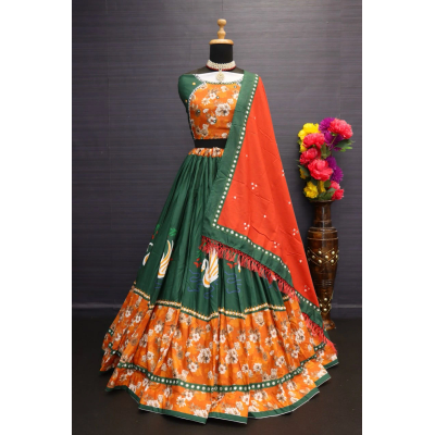 YNF Lehenga (Semi-stitched) Set: Muslin Cotton, Printed Mirror Work, Up to 42 Waist, 41 Length, 4M Flair. Blouse: Muslin Cotton, 1M Mirror Work. Duppata: Muslin Cotton, 2.10M with Mirror. Complete Set!