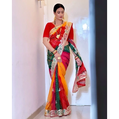 Moss Chiffon Saree with Jaipuri Work and Piping Border