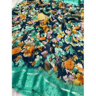 Vibrant Flower Print Saree with Satin Patta and Contrast Blouse