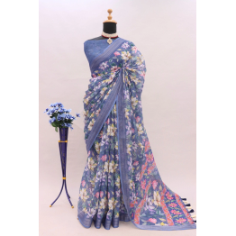 YNF Digital Printed Heavy Linen Cotton Saree with Contrast Blouse