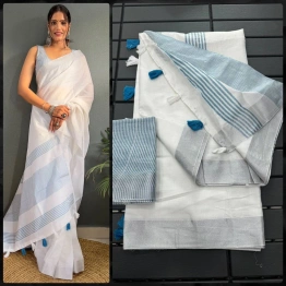 Handwoven Mercerised Cotton Saree: Stunning Manipuri Pattern with Silver Border