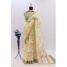 YNF Digital Printed Heavy Linen Cotton Saree with Contrast Blouse