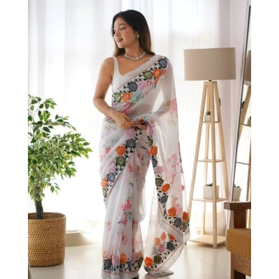 Georgette Saree: Flower Print with Sequin Embroidery - Stunning & Unstitched