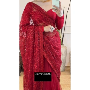 Karva Chauth Special Designer Saree: Elegant Soft Net with Embroidery