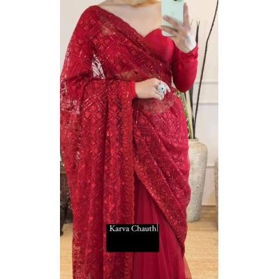 Karva Chauth Special Designer Saree: Elegant Soft Net with Embroidery