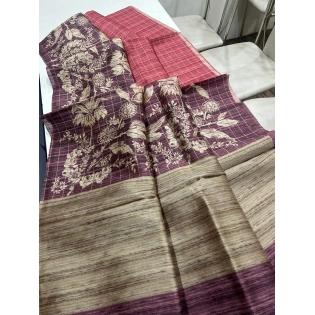 Floral Tussar Saree with Printed Blouse and Tassel Finish