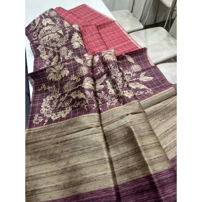 YNF Floral Tussar Saree with Printed Blouse and Tassel Finish